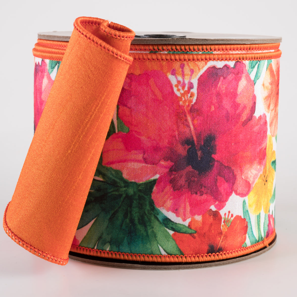 [D Stevens] 4" Dupioni Watercolor Hibiscus & Palms Ribbon: Pink & Orange (10 Yards) Item Number: 05-1014