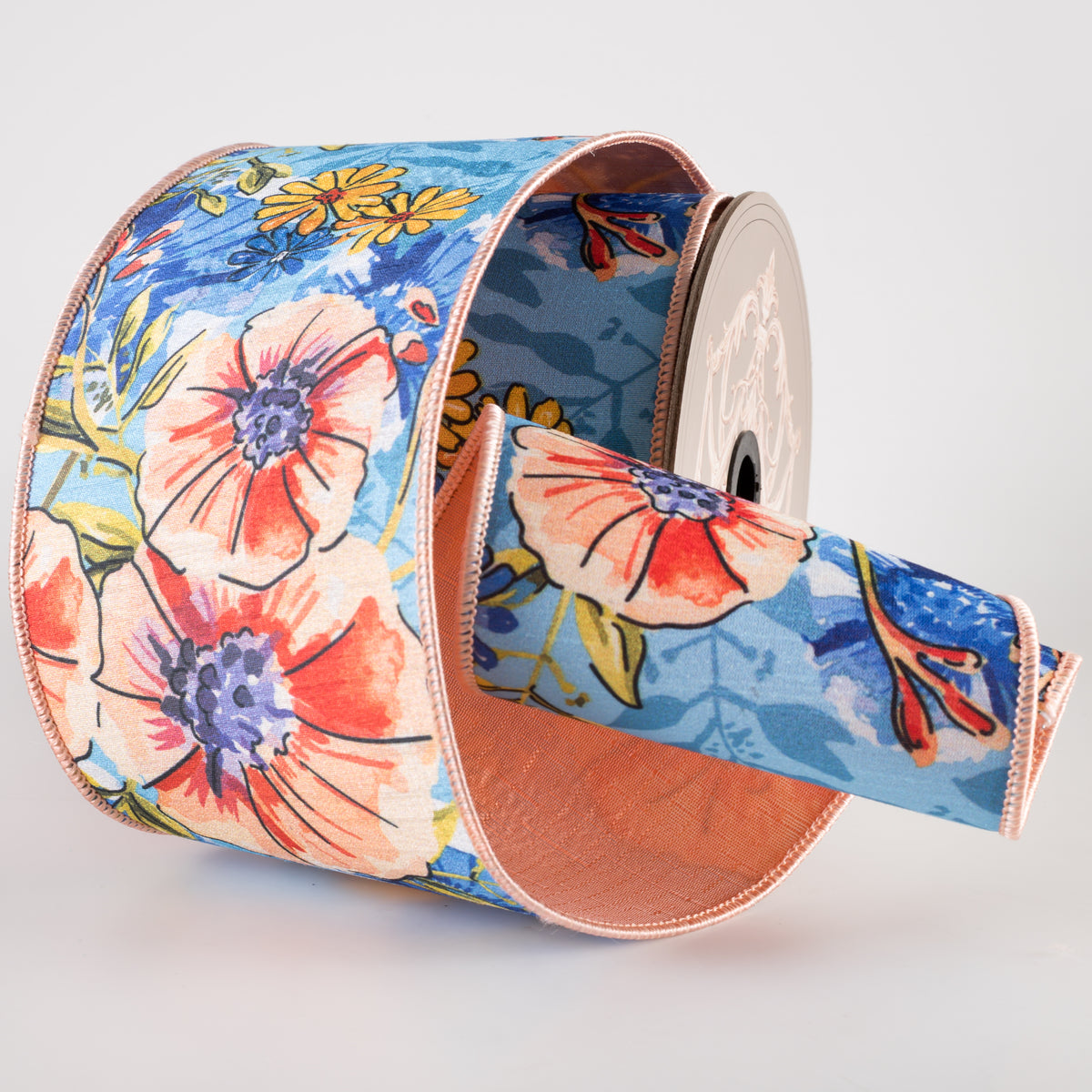 [D Stevens] 4" Dupioni Watercolor Primrose Daisies Ribbon: Peach & Blue (10 Yards) Lifestyle Photo
