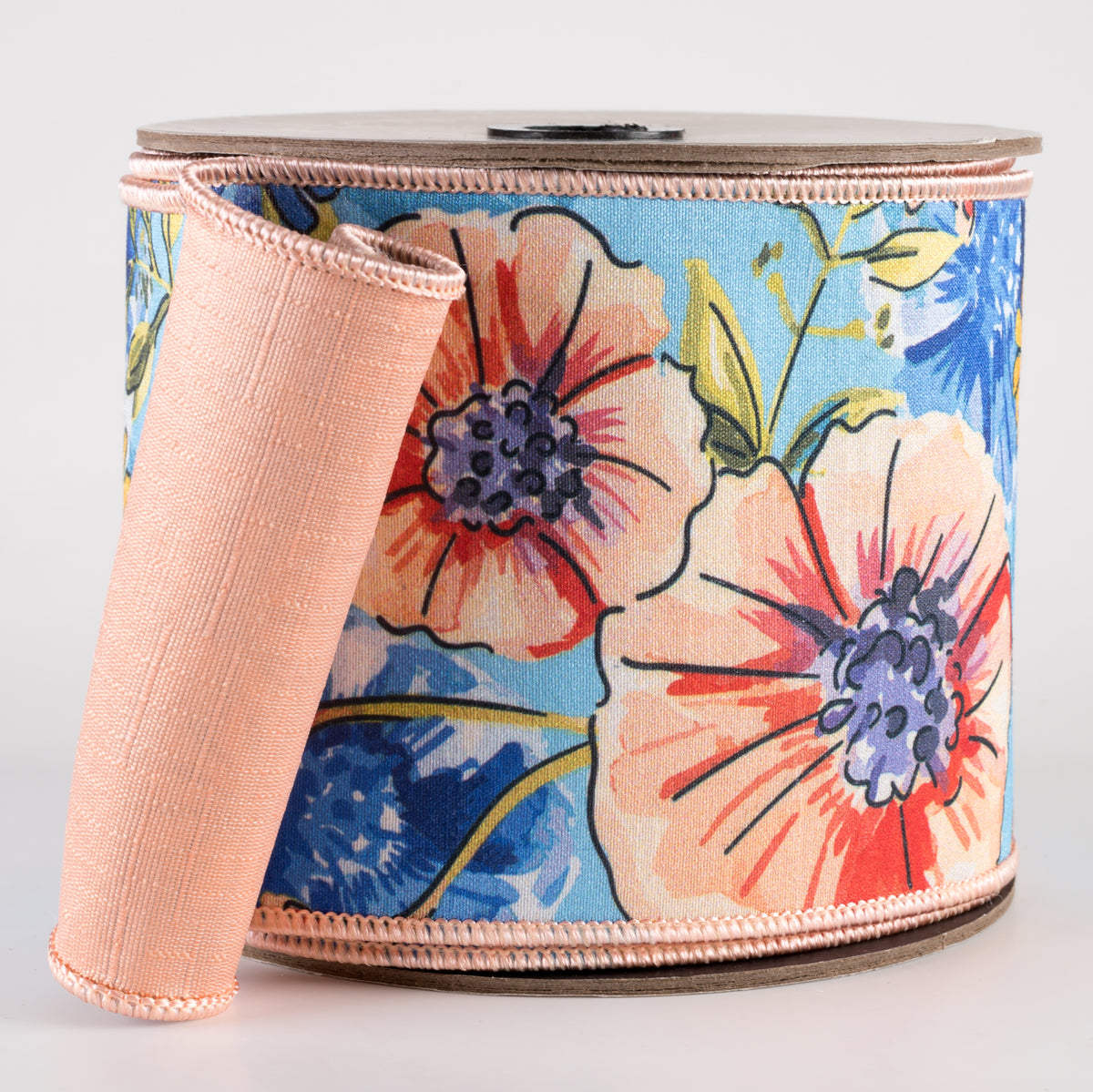 [D Stevens] 4" Dupioni Watercolor Primrose Daisies Ribbon: Peach & Blue (10 Yards) Item Number: 05-1009