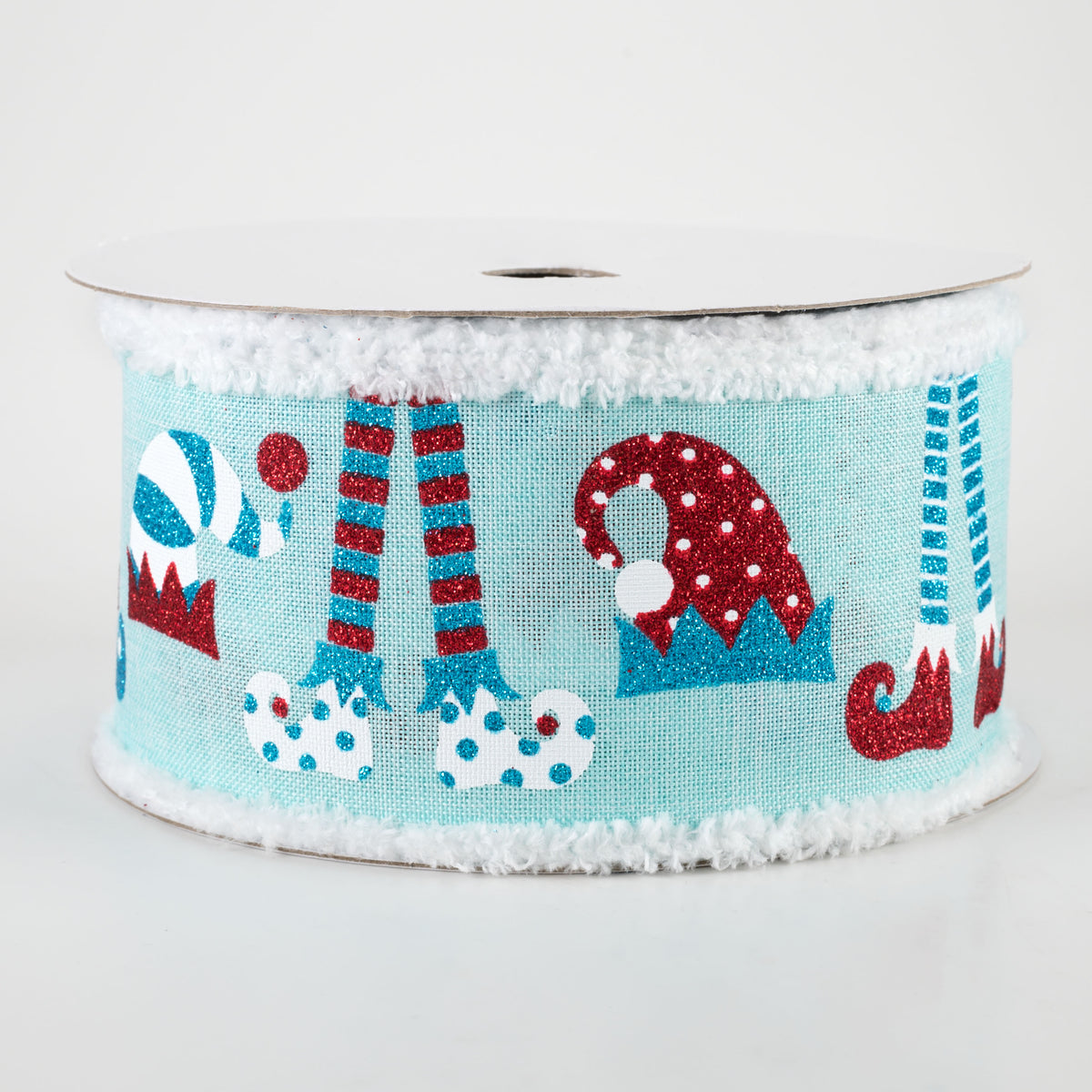 2.5" Elf Hats & Legs Fuzzy Edge Ribbon: Ice Blue (10 Yards)
