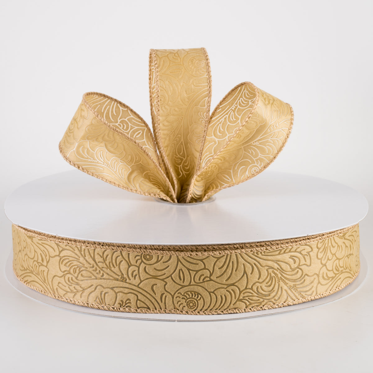 1.5" Embossed Flower Breeze Ribbon: Tan (50 Yards) Lifestyle Photo