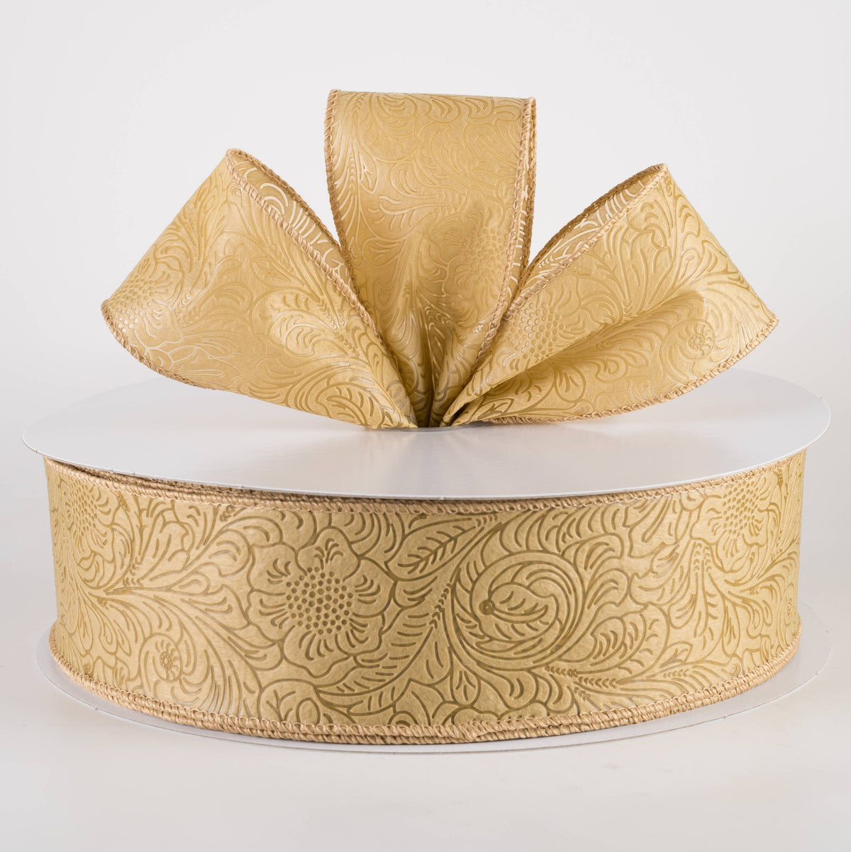 2.5" Embossed Flower Breeze Ribbon: Tan (50 Yards) Lifestyle Photo