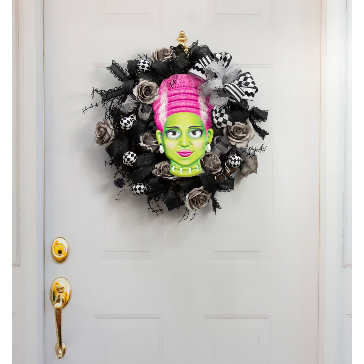 12" Embossed Metal Mrs. Frankenstein Head Decoration: Pink Lifestyle Photo