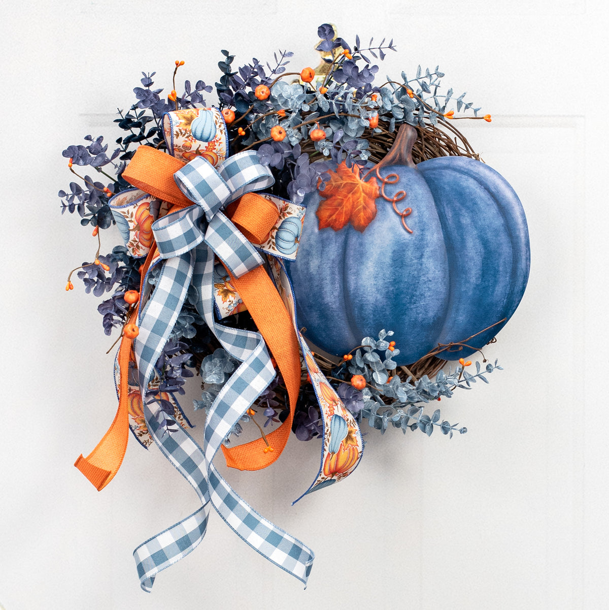 12" Embossed Metal Pumpkin Hanger: Blue Lifestyle Photo