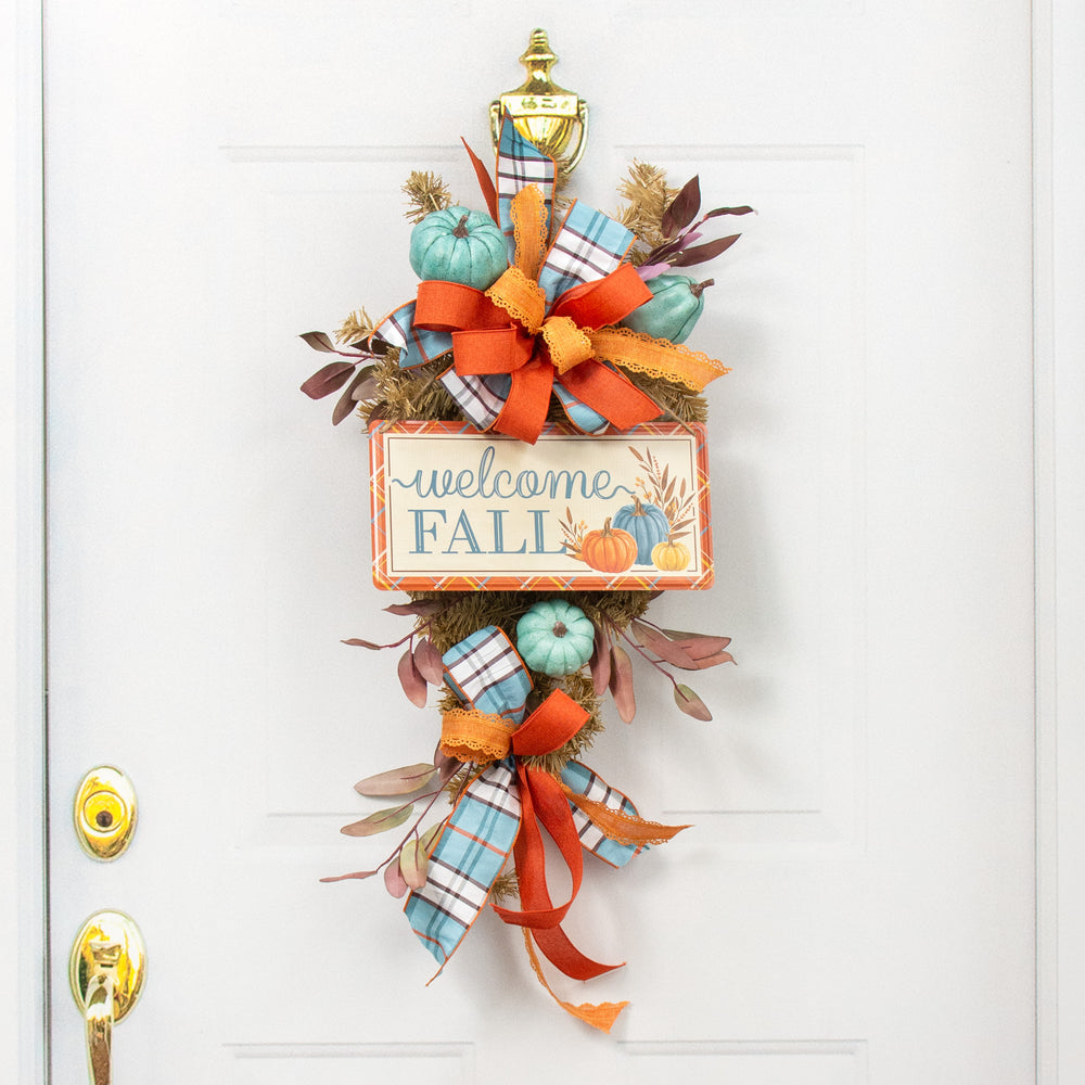 12" Embossed Metal Sign: Welcome Fall Pumpkins, Cream, Orange, Blue Lifestyle Photo