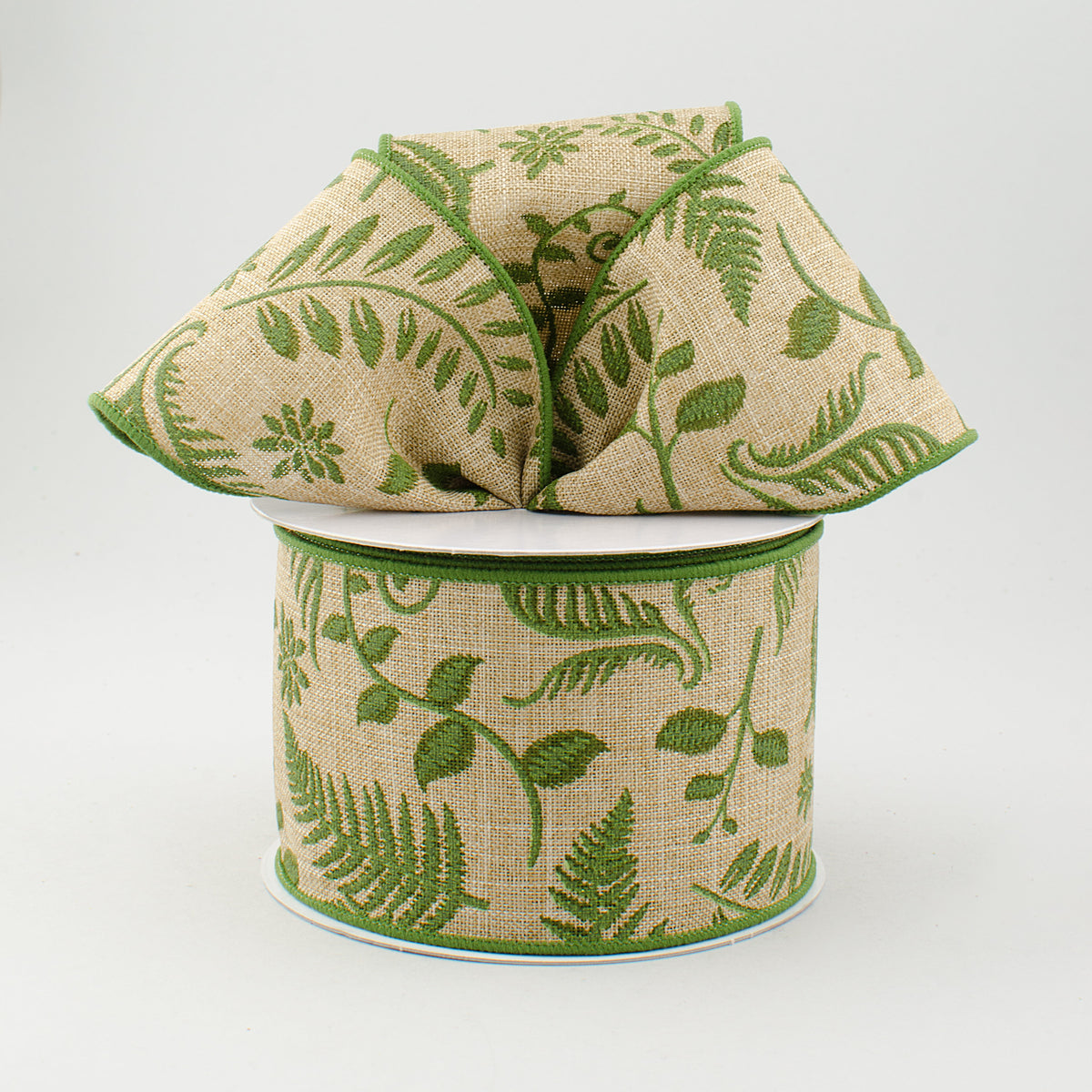 2.5" Embroidered Greenery Ribbon: Beige & Green (10 Yards) Lifestyle Photo