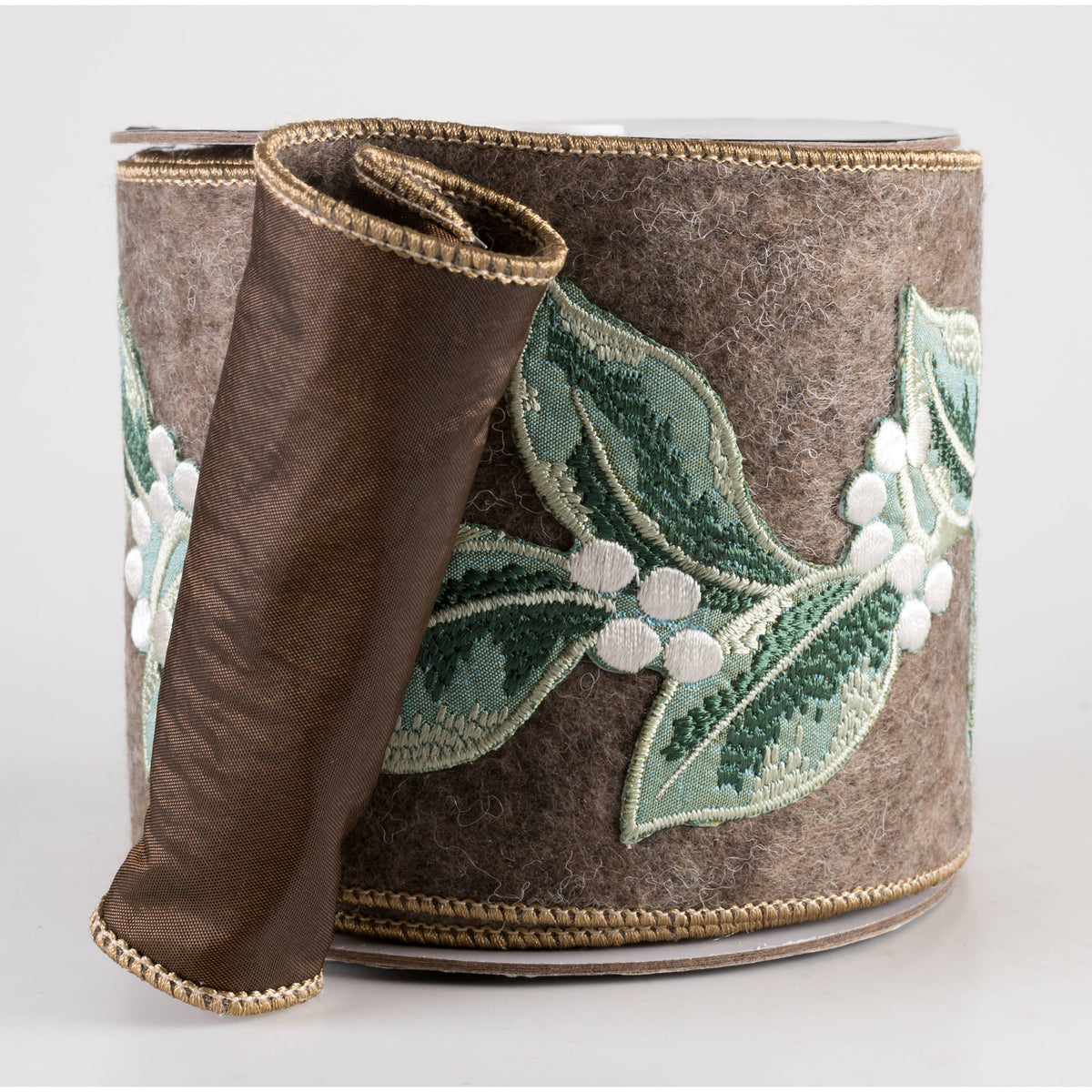 4" Embroidered Leaves & White Berries Ribbon: Brown (5 Yards) Item Number: 240017