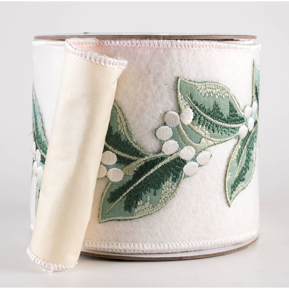 4" Embroidered Leaves & White Berries Ribbon: Ivory (5 Yards) Item Number: 240016
