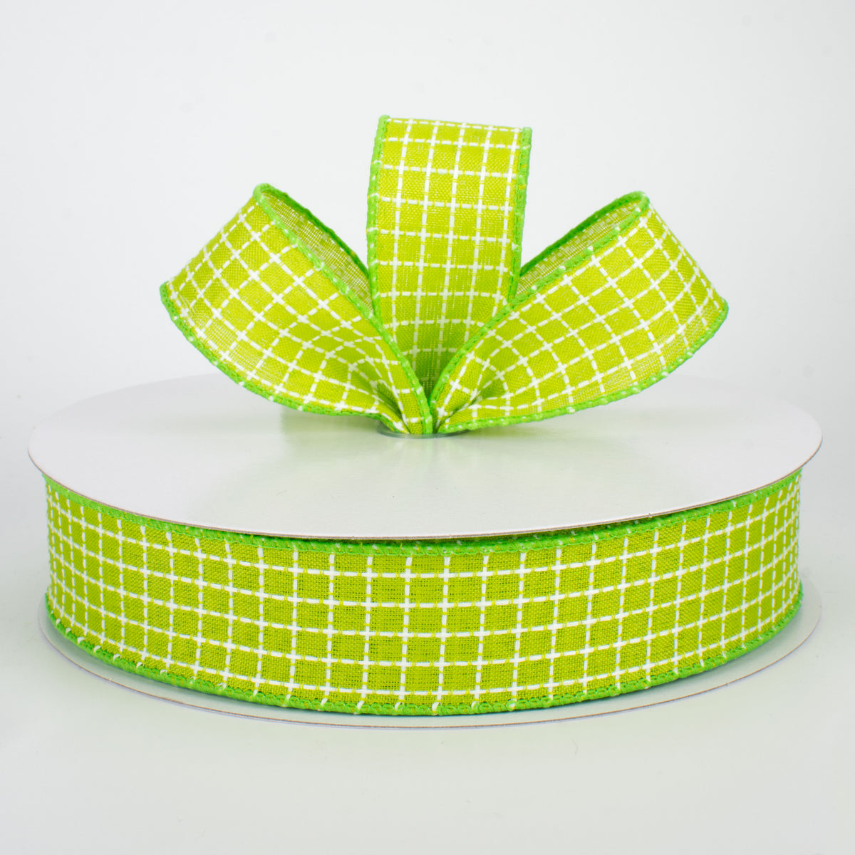 1.5" Embroidered Stitched Squares Ribbon: Lime (50 Yards) Lifestyle Photo