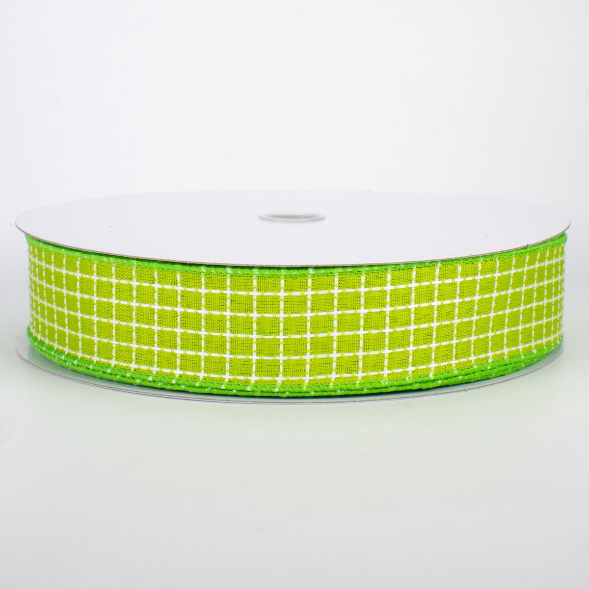 1.5" Embroidered Stitched Squares Ribbon: Lime (50 Yards)