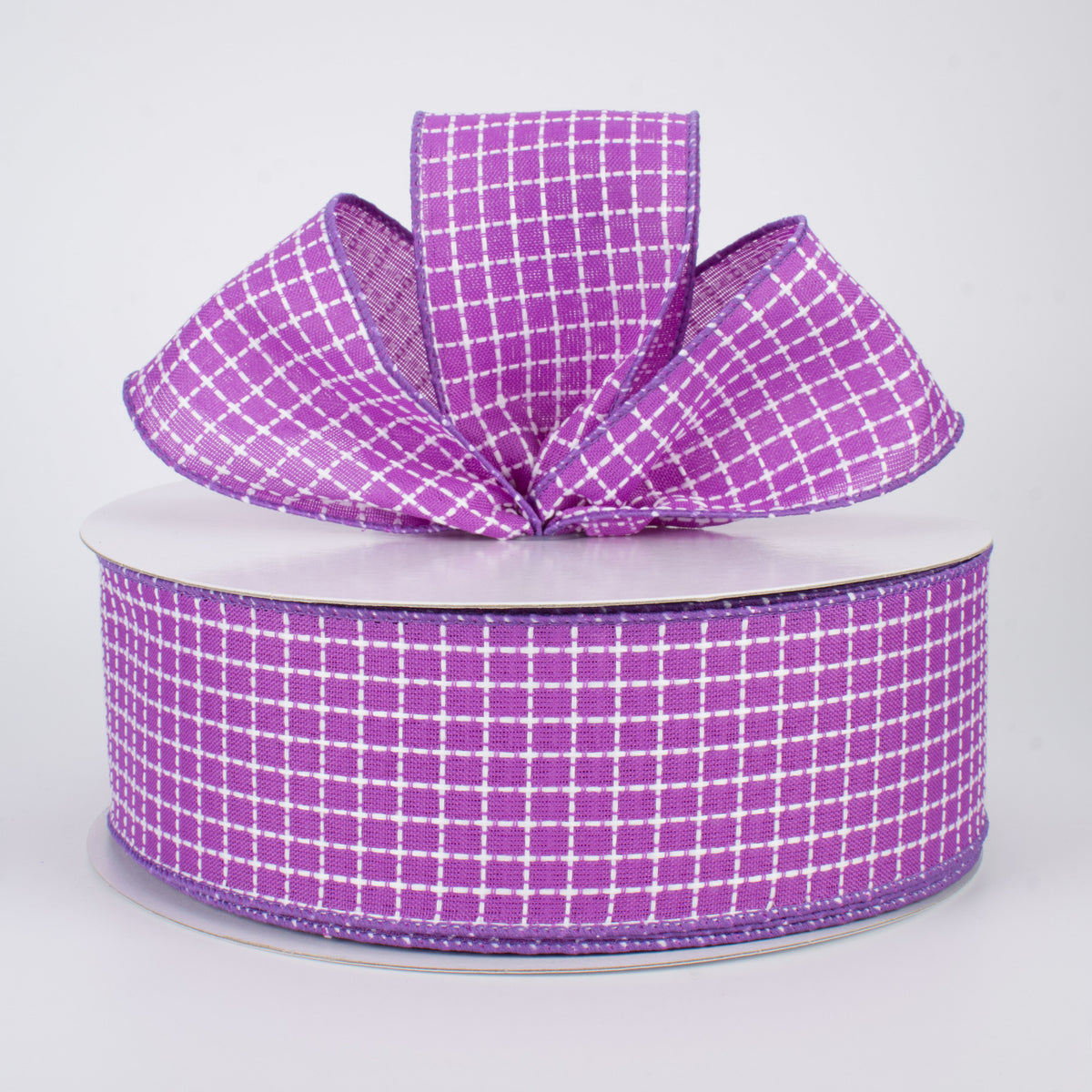 2.5" Embroidered Stitched Squares Ribbon: Purple (50 Yards) Lifestyle Photo