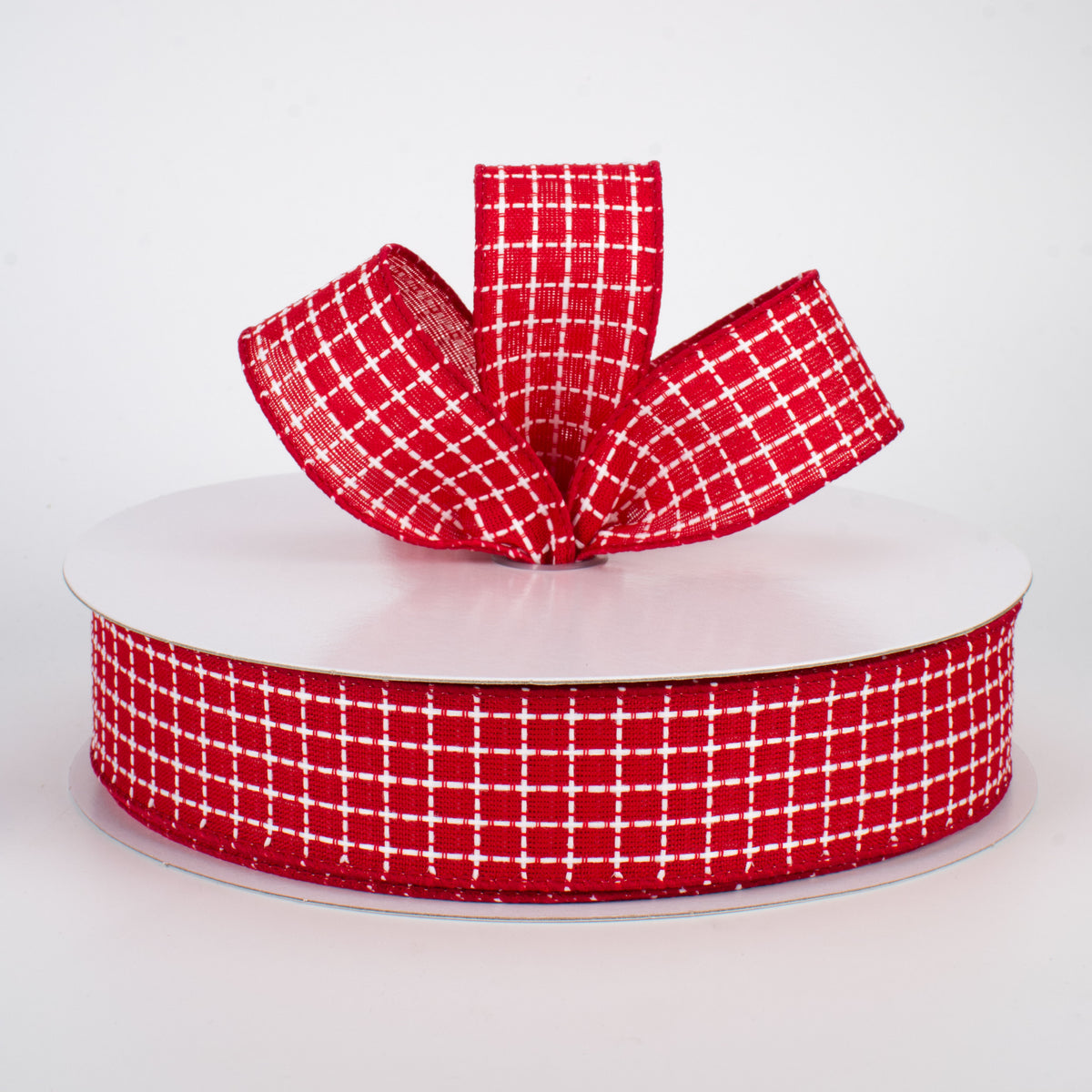 1.5" Embroidered Stitched Squares Ribbon: Red (50 Yards) Lifestyle Photo