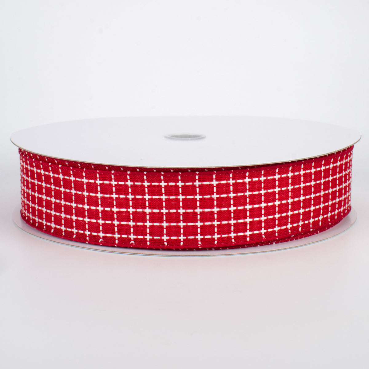 1.5" Embroidered Stitched Squares Ribbon: Red (50 Yards)