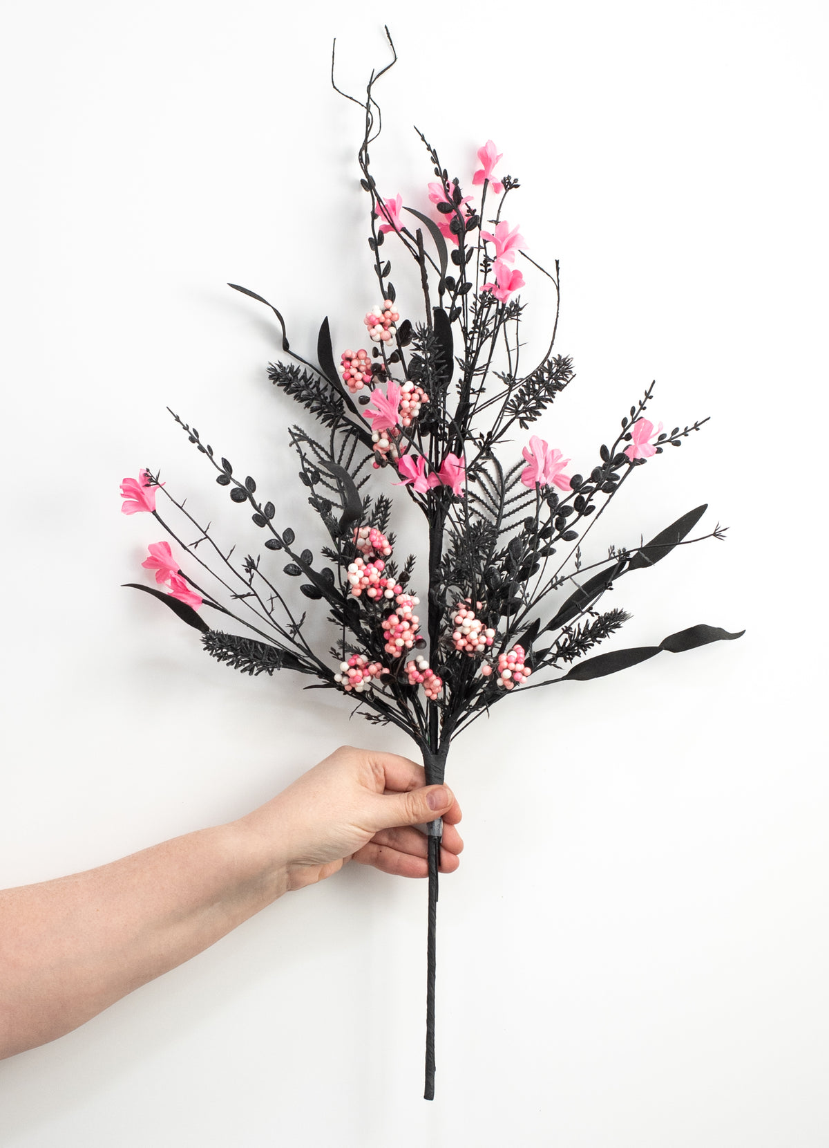 24" Fabric Flower, Leaf, Berry Spray: Black & Hot Pink detail photo 3