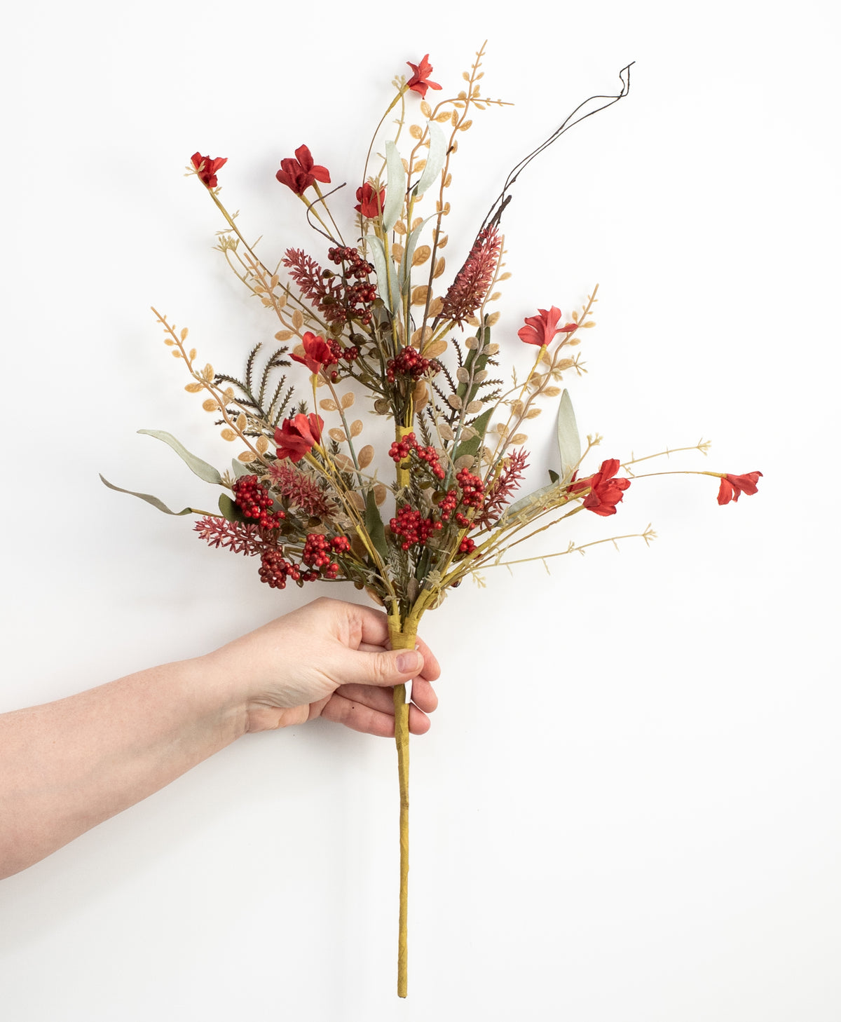 24" Fabric Flower, Leaf, Berry Spray: Cranberry Red detail photo 3
