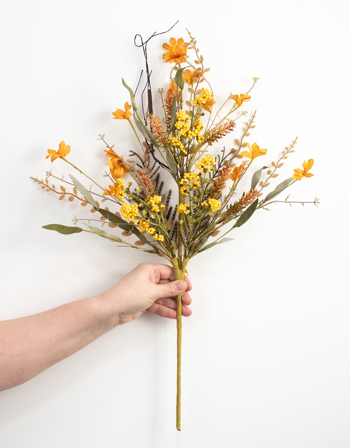 24" Fabric Flower, Leaf, Berry Spray: Mustard Yellow detail photo 3