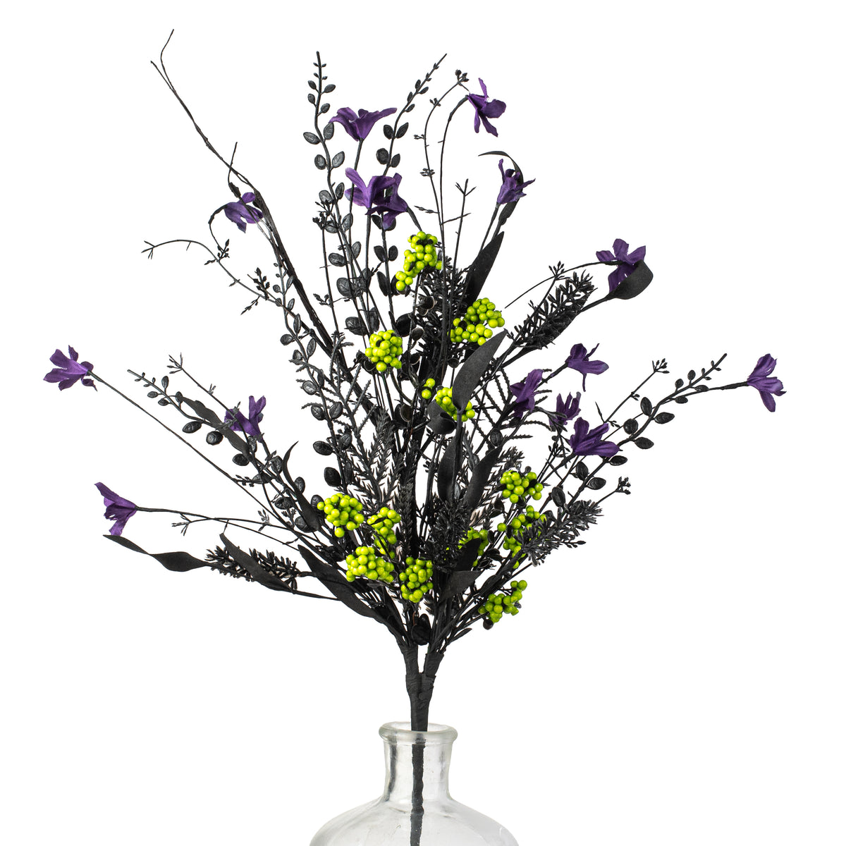 24" Fabric Flower, Leaf, Berry Spray: Purple, Lime Green & Black Item Number: FH807176