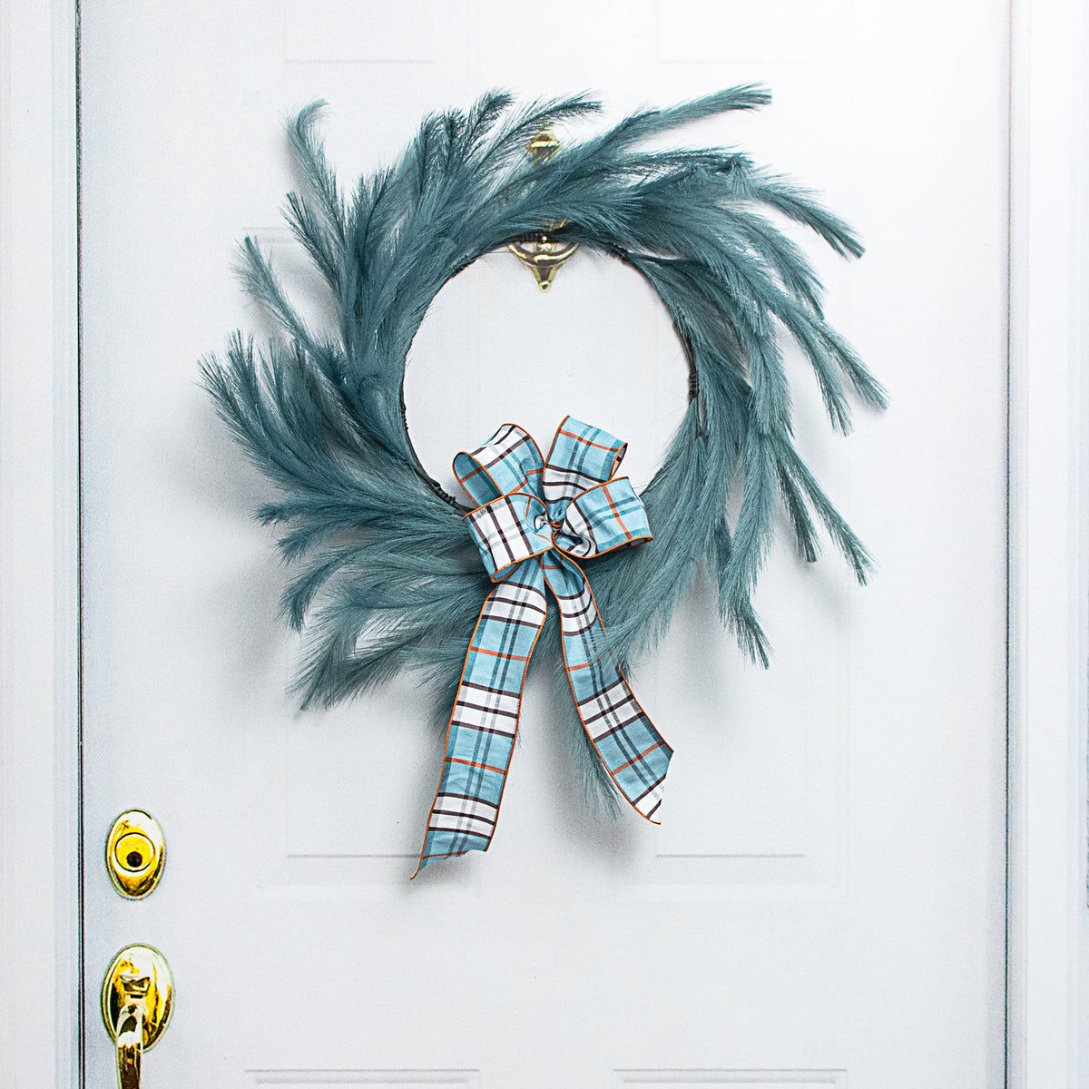 26" Fabric Pampas Grass Wreath: Dark Teal Lifestyle Photo