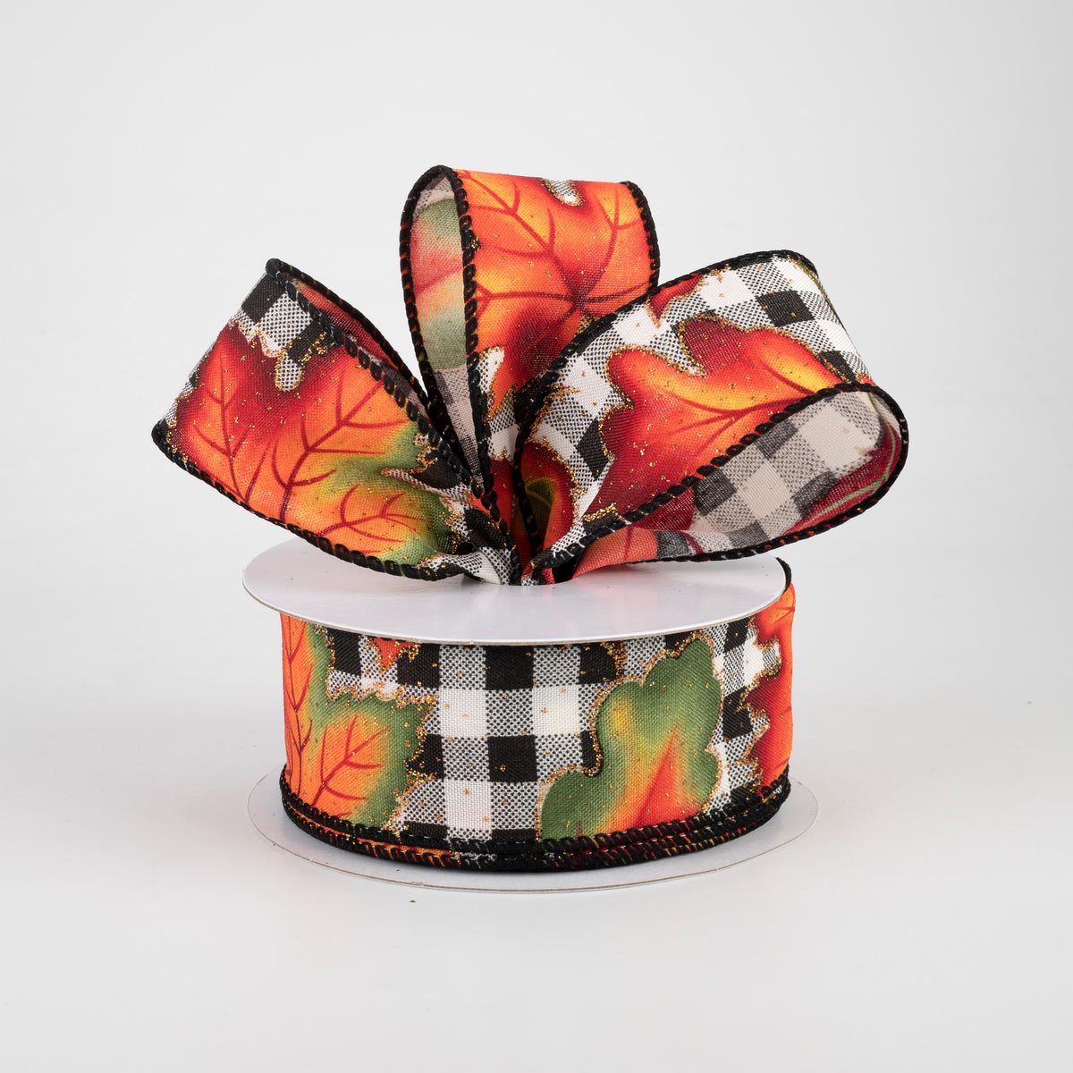 1.5" Fall Leaves On Check Ribbon: Black & Cream (10 Yards) Lifestyle Photo