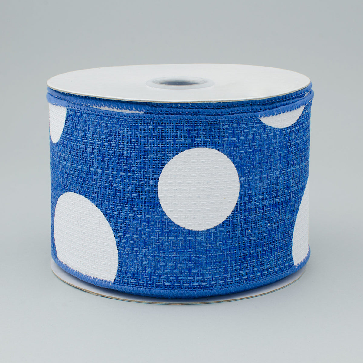 2.5" Faux Burlap Giant Polka Dot Ribbon: Royal Blue & White (10 Yards)
