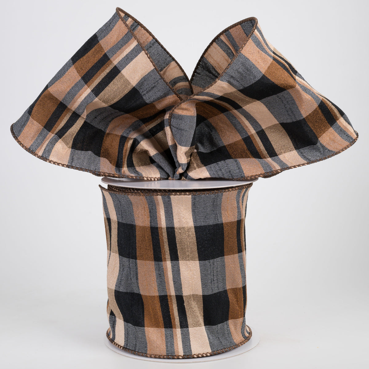 4" Faux Dupioni Plaid Ribbon: Brown, Tan, Black (10 Yards) Lifestyle Photo