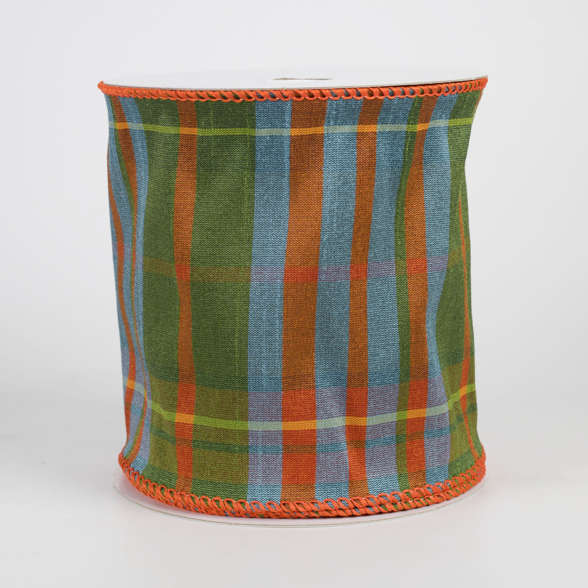 4" Faux Dupioni Plaid Ribbon: Moss, Orange & Smoke Blue (10 Yards) Item Number: 61528-04-29