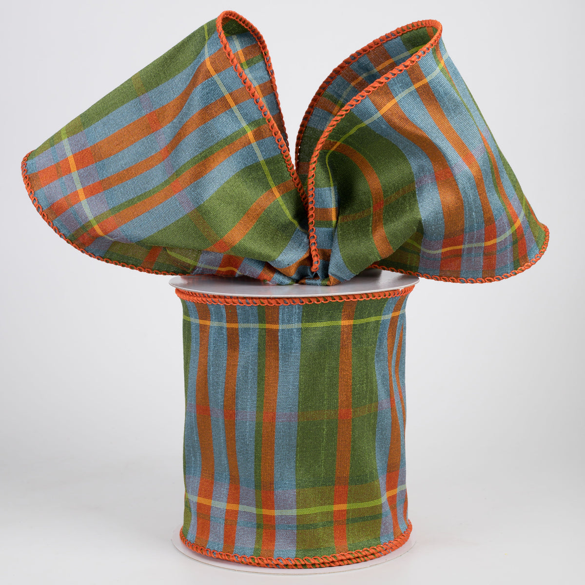 4" Faux Dupioni Plaid Ribbon: Moss, Orange & Smoke Blue (10 Yards) Lifestyle Photo
