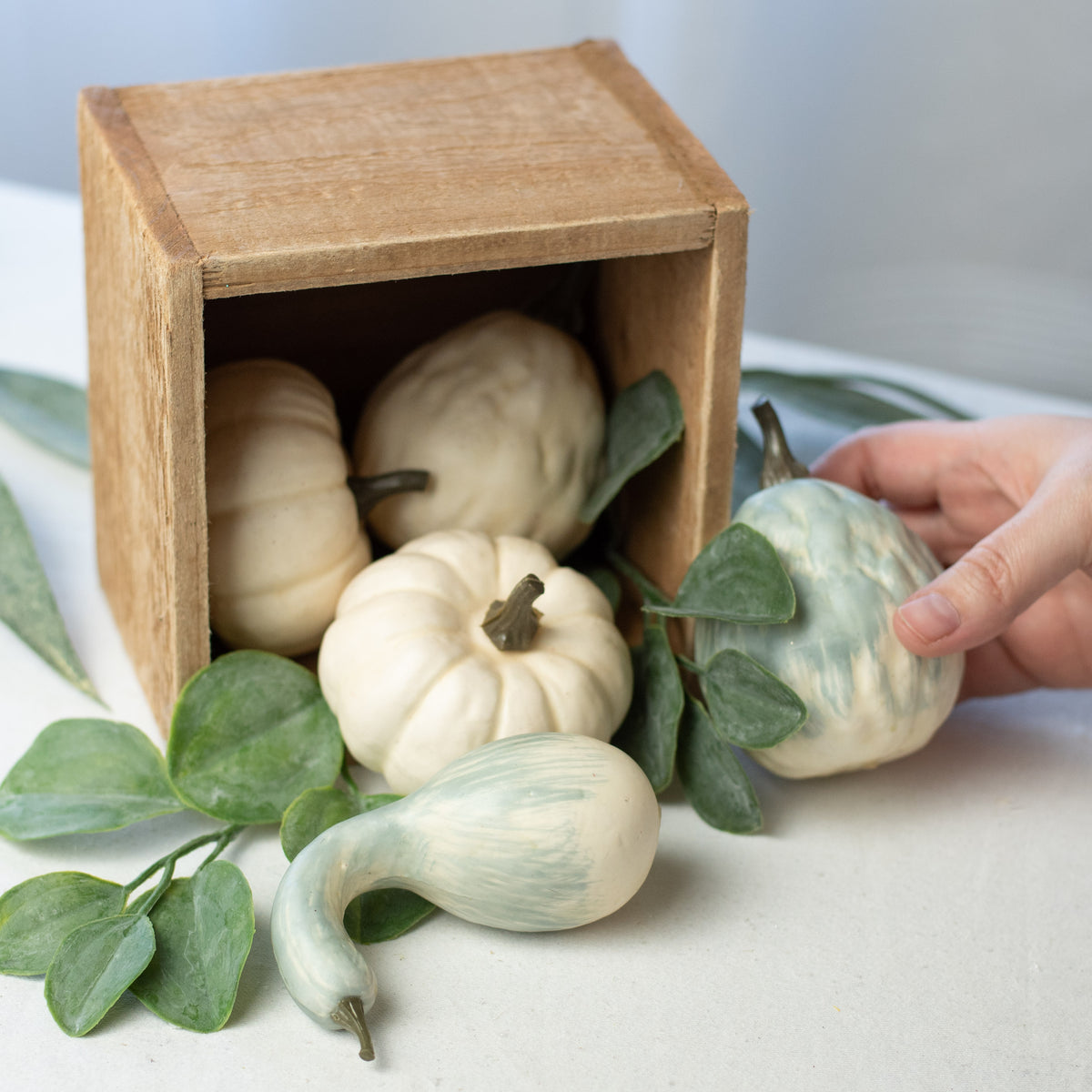 Faux Pumpkin Assortment: Teal & Cream (Set of 5) Lifestyle Photo