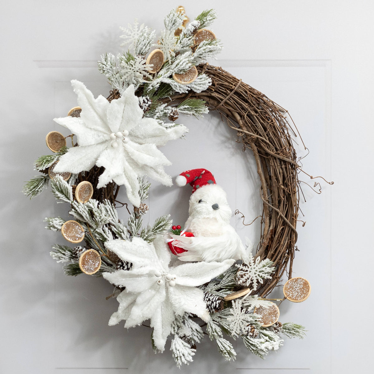 9" Feathered Christmas Bird with Hat & Gift: White Lifestyle Photo