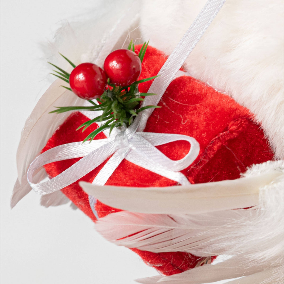 9" Feathered Christmas Bird with Hat & Gift: White detail photo 5