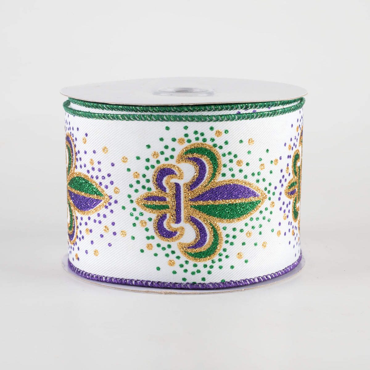 2.5" Fleur de Lis Ribbon: White & Mardi Gras (10 Yards)
