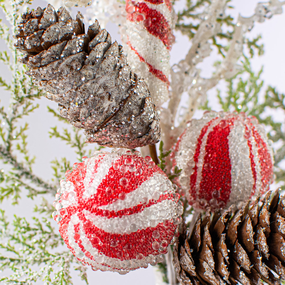 15" Fllocked Snow Peppermint, Pine & Cones Pick Lifestyle Photo