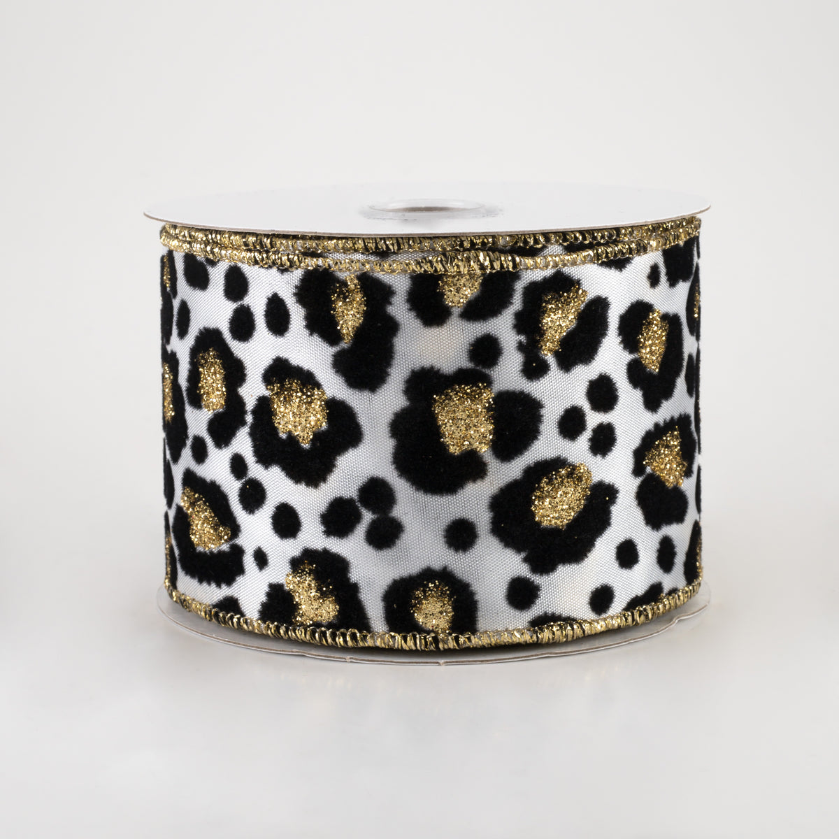2.5" Flocked Cheetah Satin Ribbon: White, Black, Gold (10 Yards) Item Number: 68206-40-01