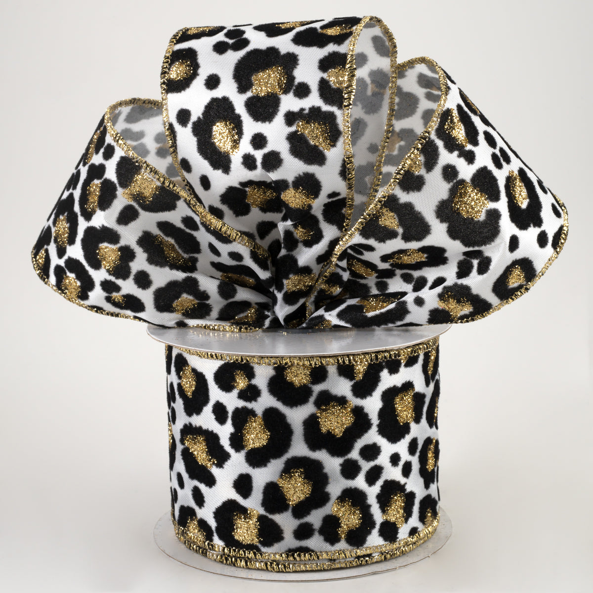 2.5" Flocked Cheetah Satin Ribbon: White, Black, Gold (10 Yards) Lifestyle Photo