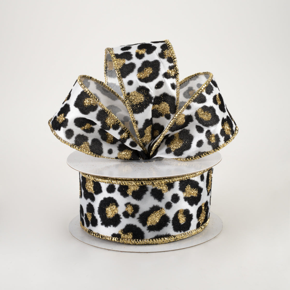 1.5" Flocked Cheetah Satin Ribbon: White, Black, Gold (10 Yards) Lifestyle Photo