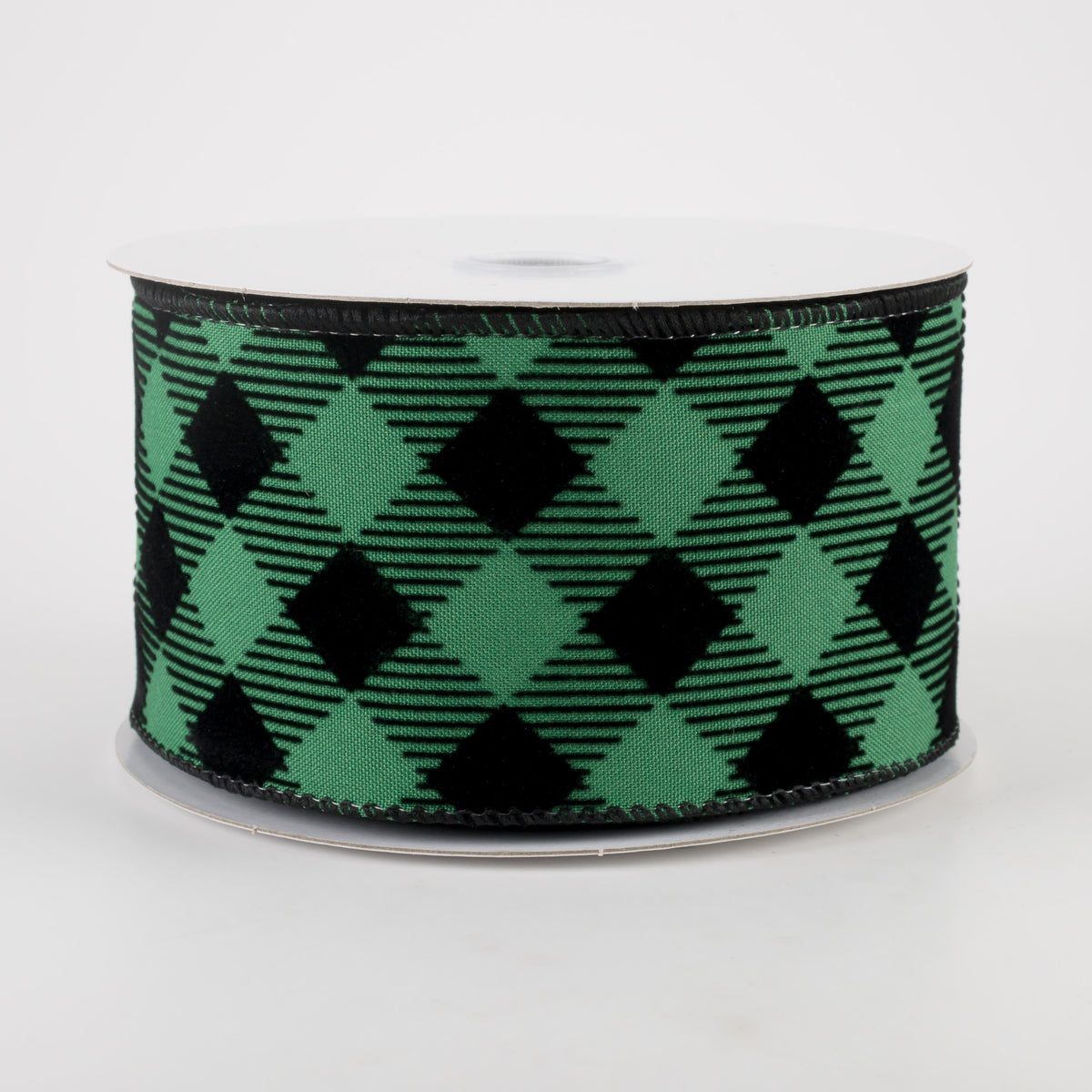 2.5" Flocked Diagonal Check Ribbon: Emerald, Black (10 Yards)