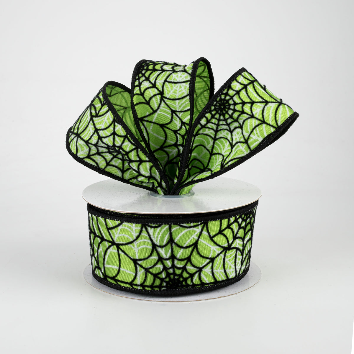 1.5" Flocked Spider Web Ribbon: Lime Green (10 Yards) Lifestyle Photo