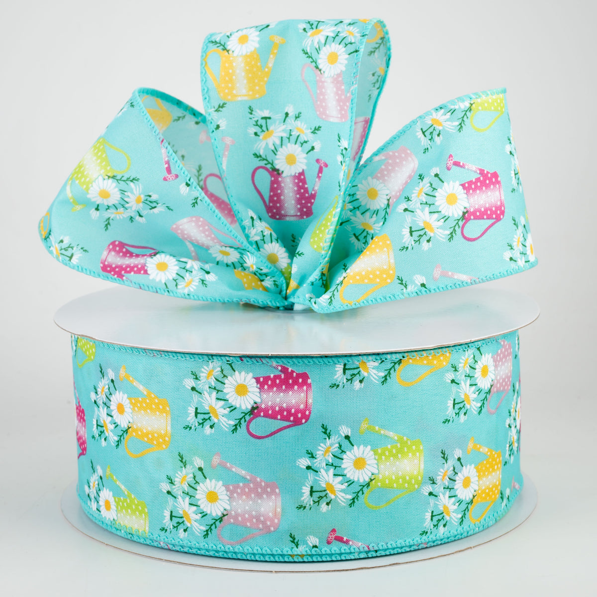 2.5" Flower Filled Watering Can Ribbon: Aqua (50 Yards) Lifestyle Photo
