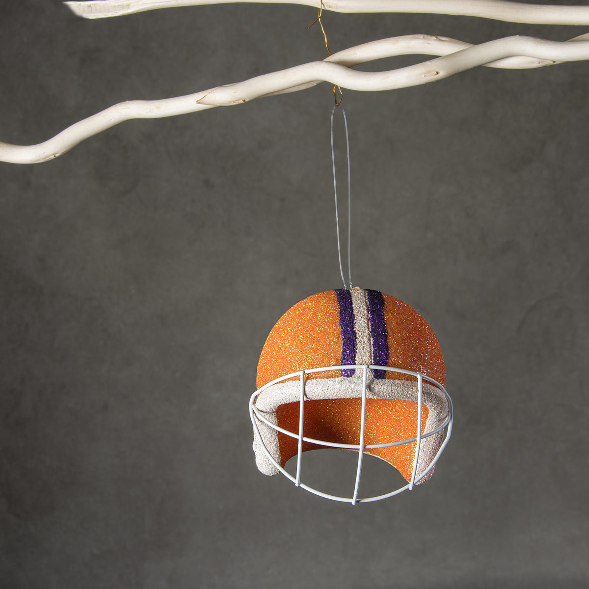 Football Helmet Ornament: Orange, Purple & White (4") Lifestyle Photo
