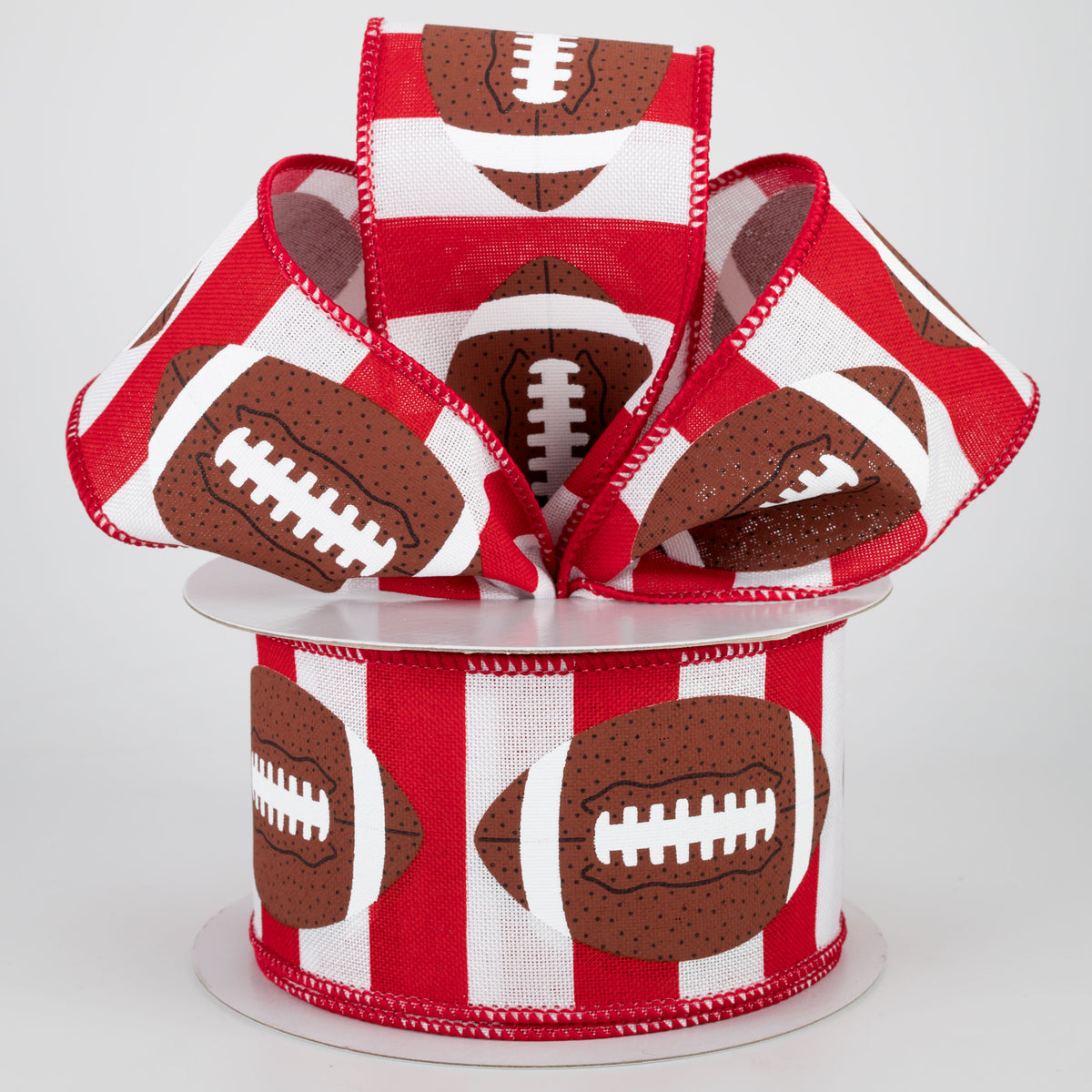 2.5" Footballs On Stripe Ribbon: Crimson & White (10 Yards) Lifestyle Photo