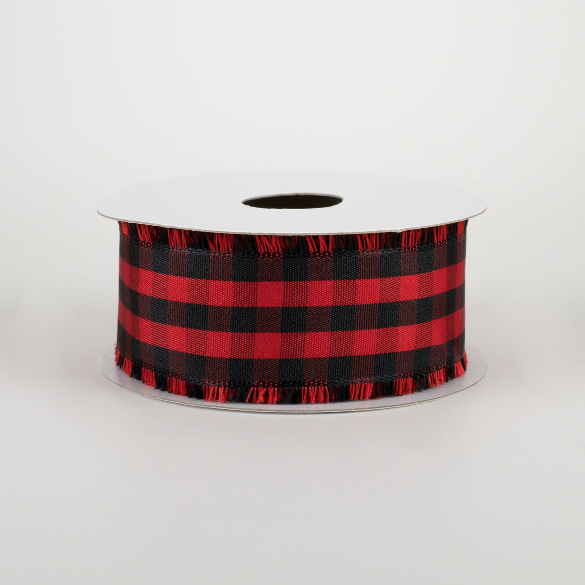 1.5" Frayed Edge Buffalo Plaid Ribbon: Black & Red (10 Yards) Item Number: 77106-09-13