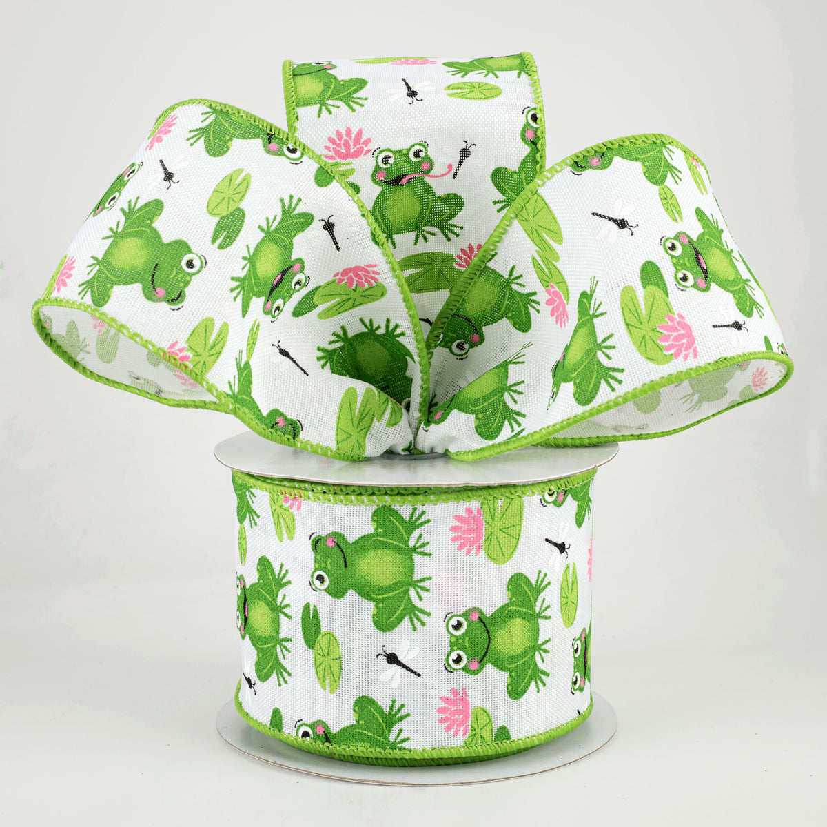 2.5" Frogs, Lily Pads, Dragon Flies Ribbon: White (10 Yards) Lifestyle Photo