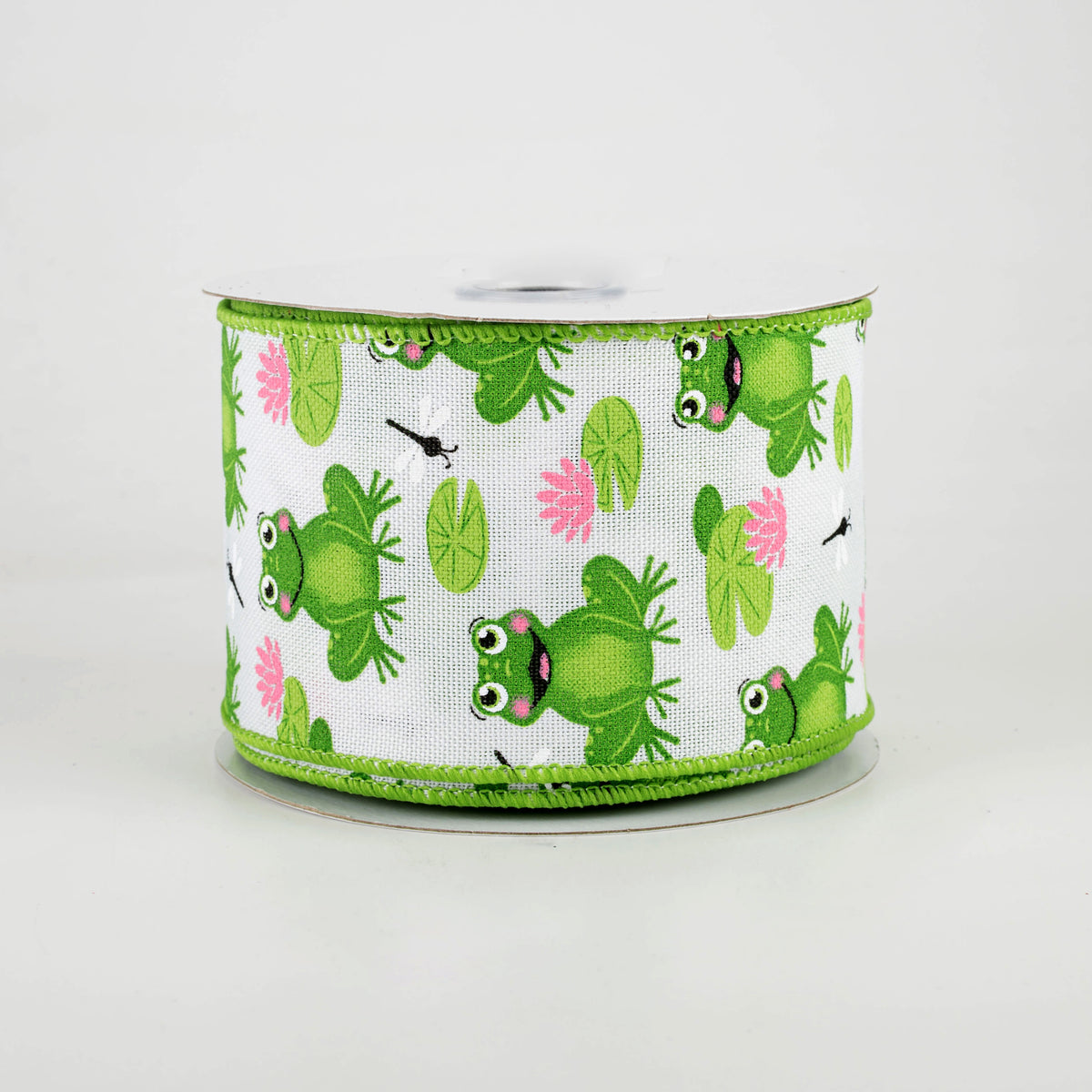2.5" Frogs, Lily Pads, Dragon Flies Ribbon: White (10 Yards)