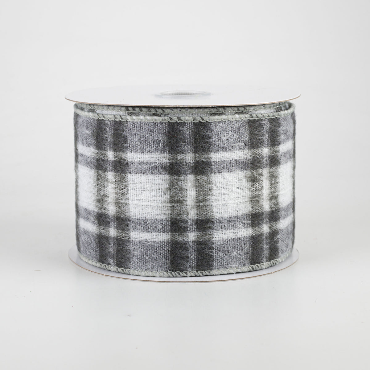 2.5" Fuzzy Flannel Plaid Ribbon: Grey & White (10 Yards)