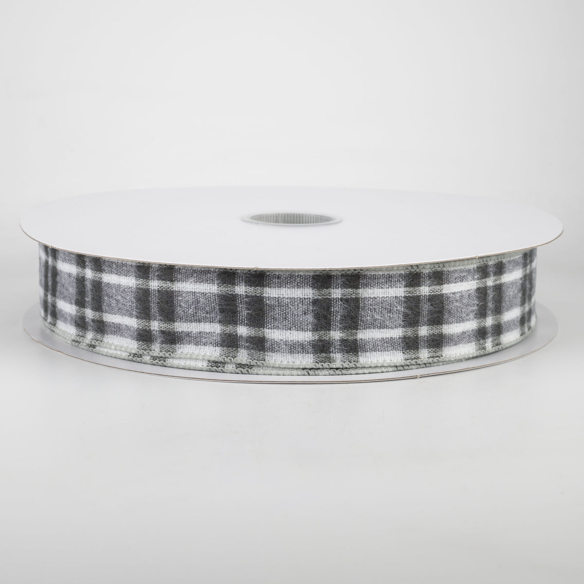 1.5" Fuzzy Flannel Plaid Ribbon: Grey & White (50 Yards)