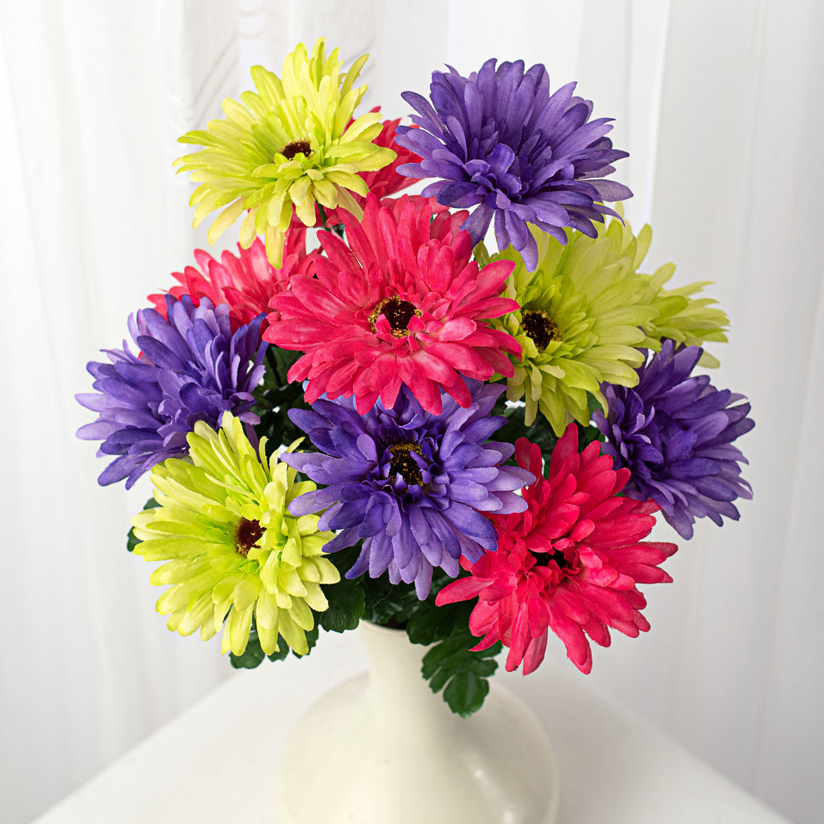 18" Gerbera Daisy Bush: Purple, Fuchsia, Lime Green (12 Stem) Item Number: 30550PUBTGN
