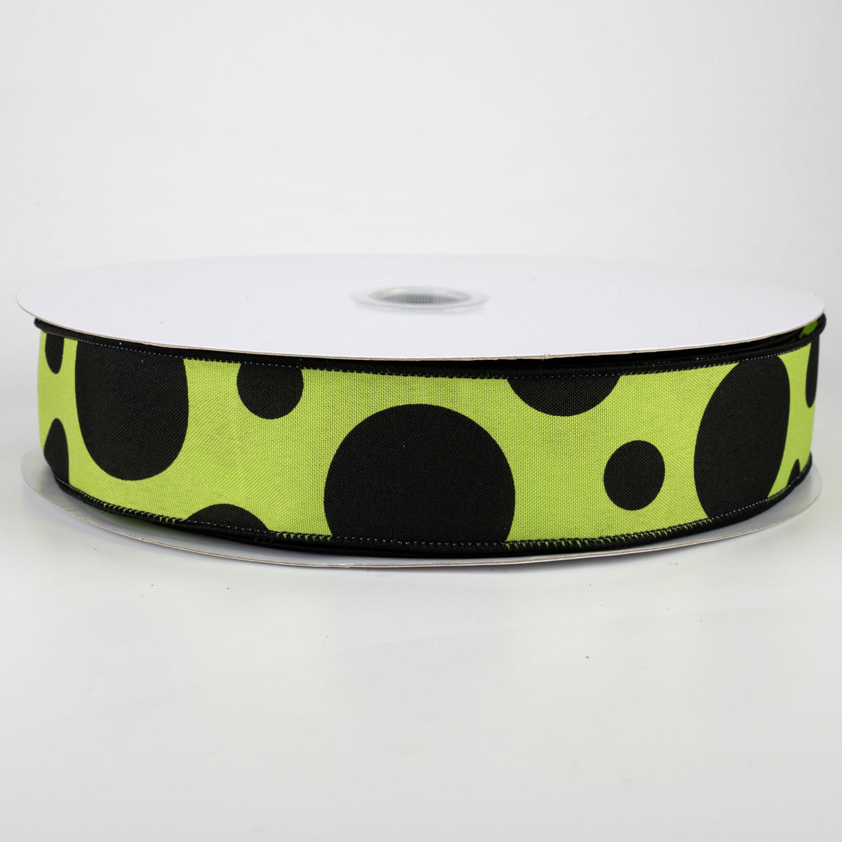 1.5" Giant Three Size Polka Dot Ribbon: Lime Green & Black (50 Yards)