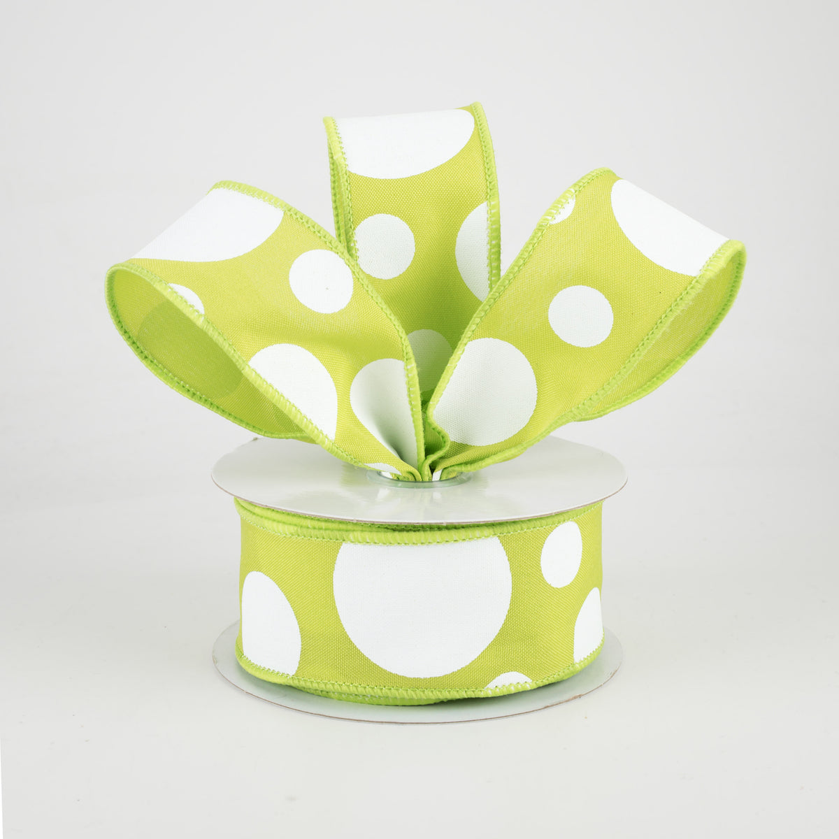 1.5" Giant Three Size Polka Dot Ribbon: Lime Green & White (10 Yards) Lifestyle Photo