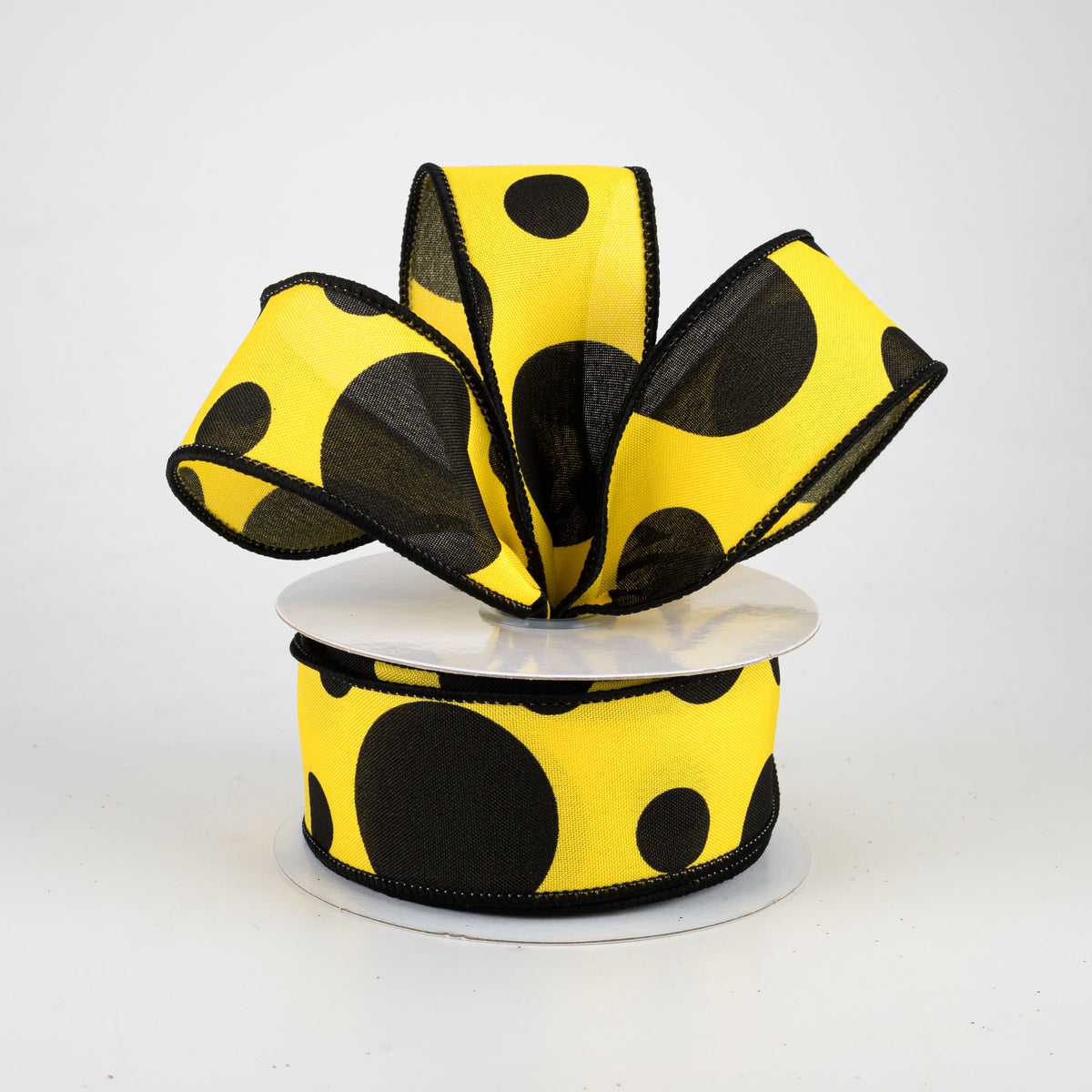 1.5" Giant Three Size Polka Dot Ribbon: Yellow & Black (10 Yards) Lifestyle Photo