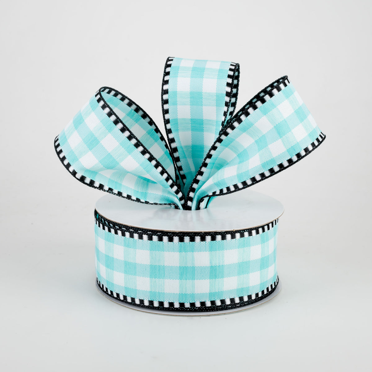1.5" Gingham Check Dashed Edge Ribbon: Turquoise & White (10 Yards) Lifestyle Photo